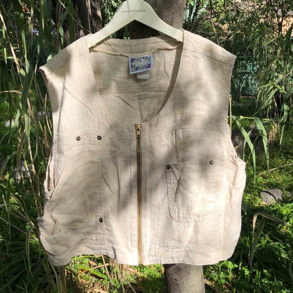 Vintage zip up beige linen cargo vest L